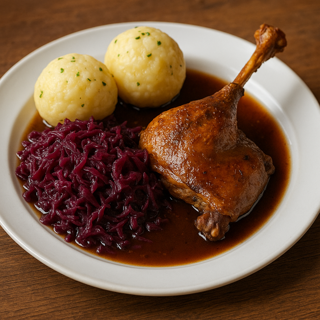 Gänsekeule mit Rotkraut und Klößen